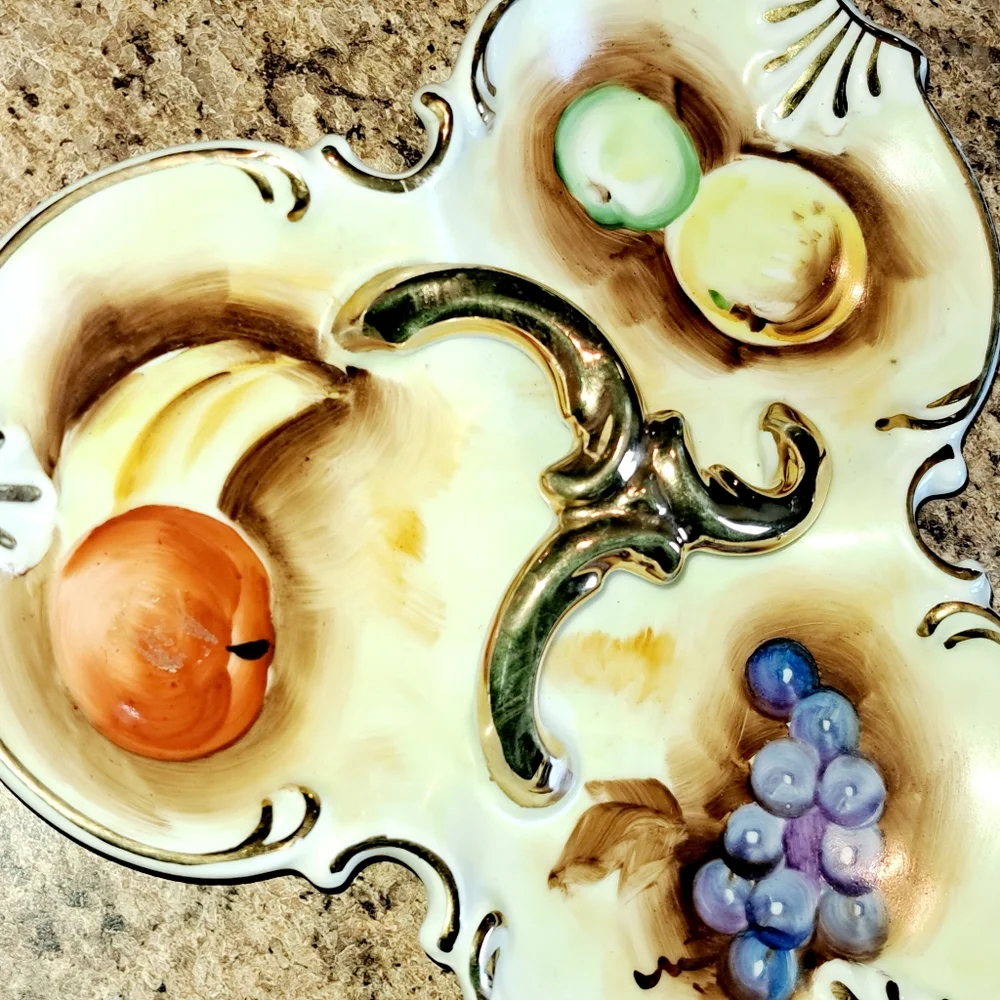 Enesco Divided Candy Nut Dish Server Gold Handle Painted Fruit Victorian Vintage